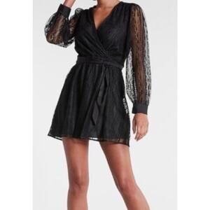 Express XS Lace Long Sleeve Tie Waist Mini Dress Black Whimsigoth Witchy Fairy
